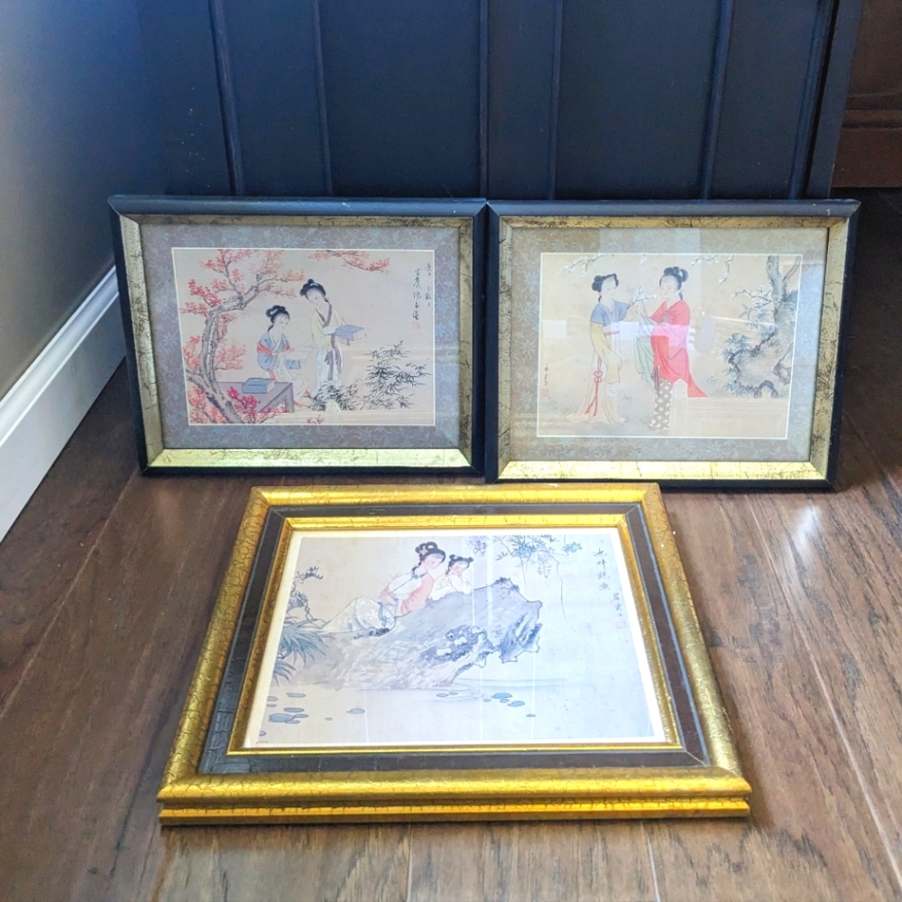 3pc Vintage Chinese Framed Wall Art Set ~ Made in USA